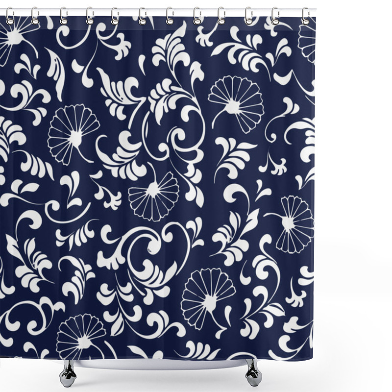 Personality  Seamless Blue Japanese Background Curve Spiral Leaf Flower Shower Curtains