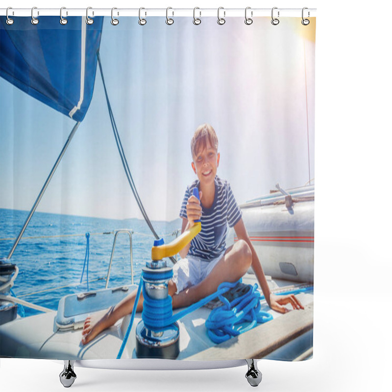 Personality  Little Boy On Board Of Sailing Yacht On Summer Cruise. Travel Adventure, Yachting With Child On Family Vacation. Shower Curtains