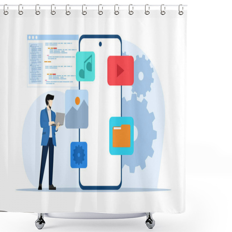 Personality  Web Development Concept. Programming Language. Css, Html, It, Ui. Cartoon Character Programmer Developing Website, Coding. Flat Vector Illustration On White Background. Shower Curtains