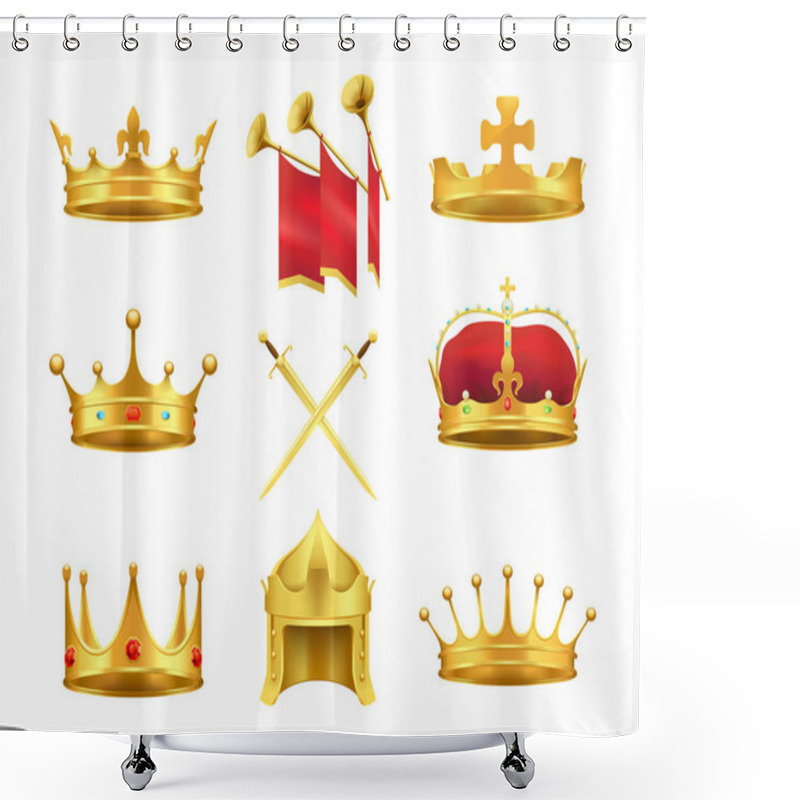 Personality  Golden Ancient Crowns And Swords Set On White Shower Curtains