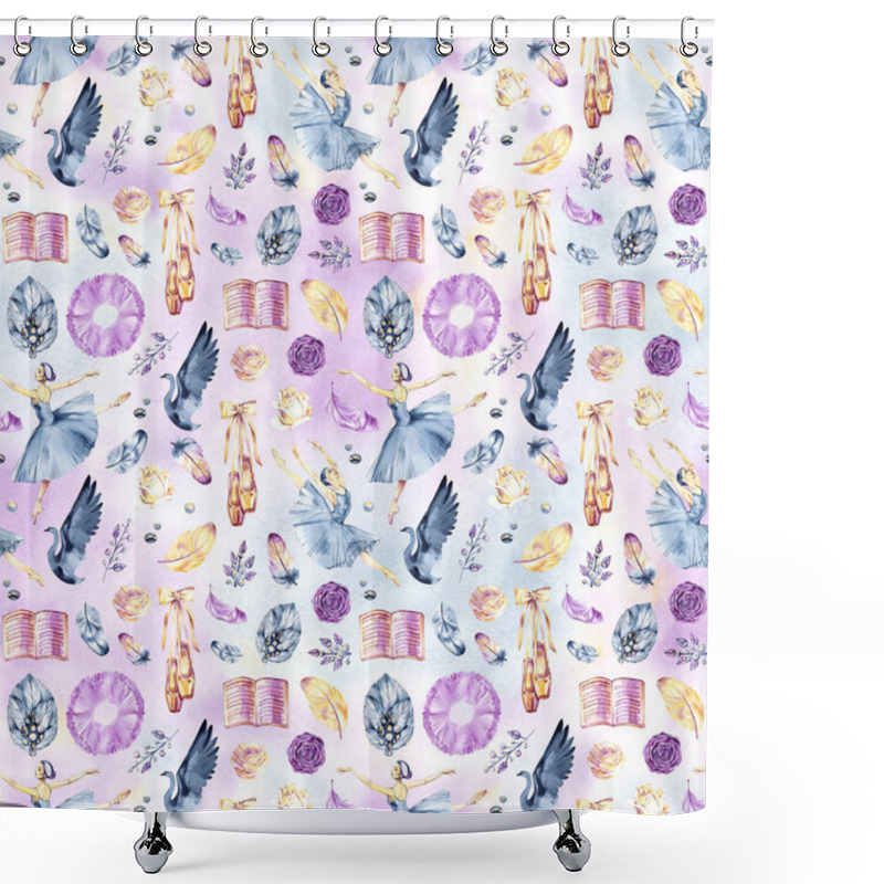 Personality  Watercolor Seamless Border Patterns With Little Ballerinas, Pointe Shoes, Ballet Accessories And Flowers On White And Color Background. Shower Curtains