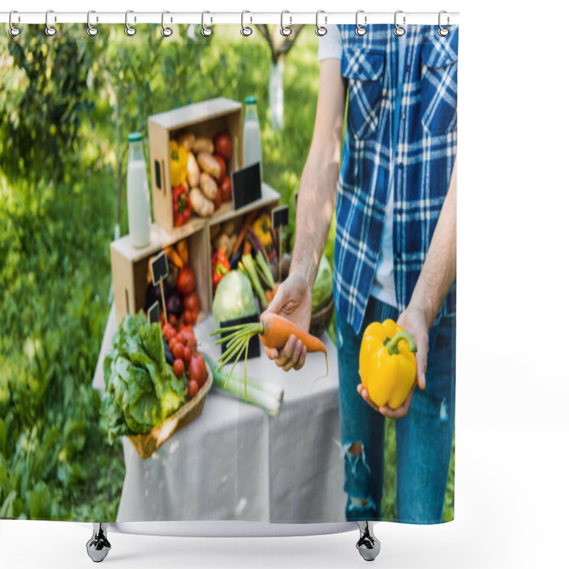 Personality  Cropped Image Of Farmer Showing Ripe Ecological Vegetables At Farmer Market  Shower Curtains