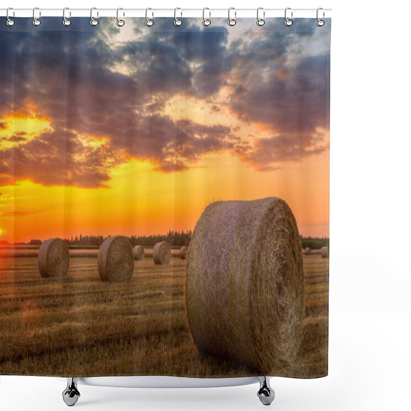 Personality  Sunset Over Farm Field With Hay Bales Shower Curtains