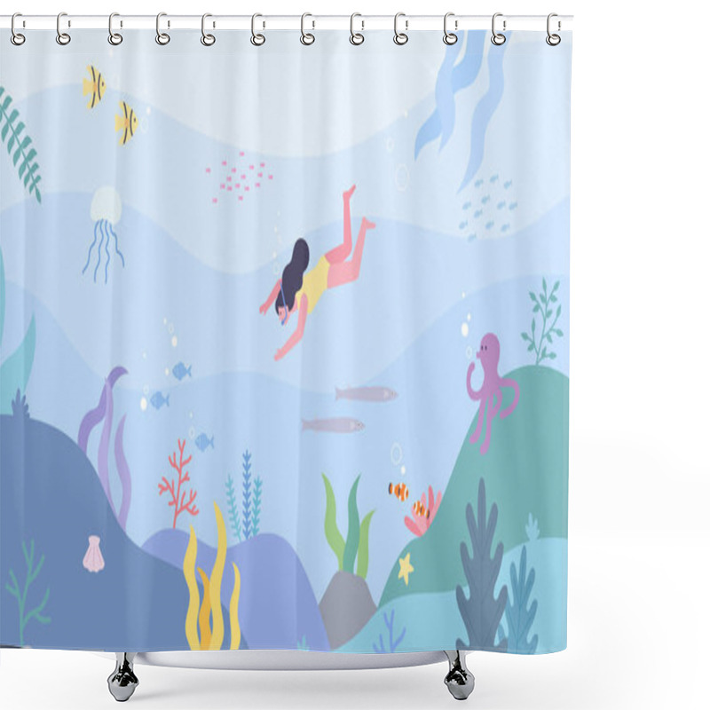 Personality  In The Beautiful Sea. A Diver Is Traveling Underwater. Various Marine Creatures In The Sea. Shower Curtains