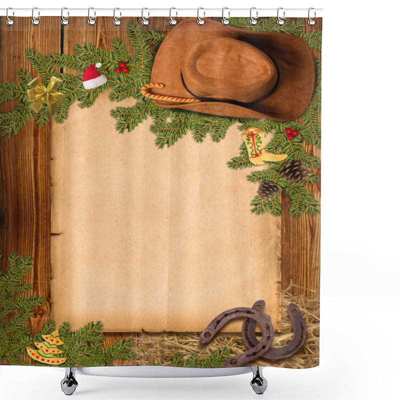 Personality  Christmas American Western Background With Cowboy Hat And Old Pa Shower Curtains