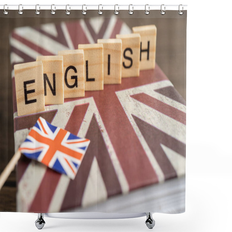 Personality  Word English On Book With United Kingdom Flag, Learning English Language Courses Concept. Shower Curtains