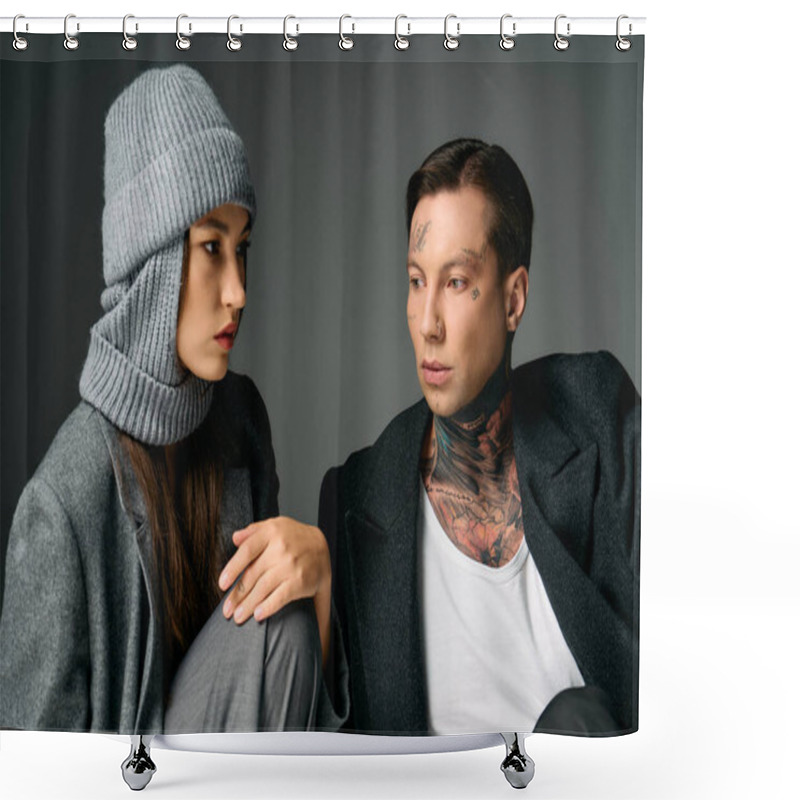 Personality  A Fashionable Young Couple Engaged In A Deep Conversation While Showcasing Their Unique Style. Shower Curtains