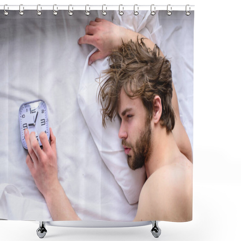 Personality  Man Unshaven Sleepy Face Lay Pillow Alarm Clock Top View. Oversleep Problem. Manage Proper Regime Tips. Toughest Part Of Morning Simply Getting Out Of Bed. Guy Sleep Missed Alarm Clock Ringing Shower Curtains