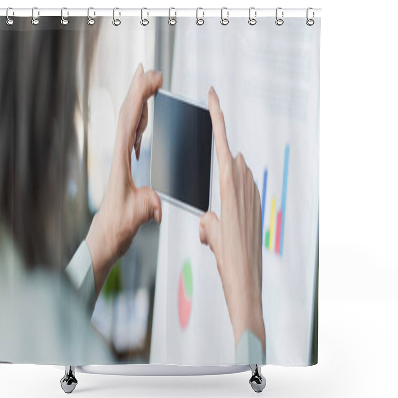 Personality  Cropped View Of Businesswoman Taking Photo On Mobile Phone Near Blurred Flip Chart In Office, Banner  Shower Curtains