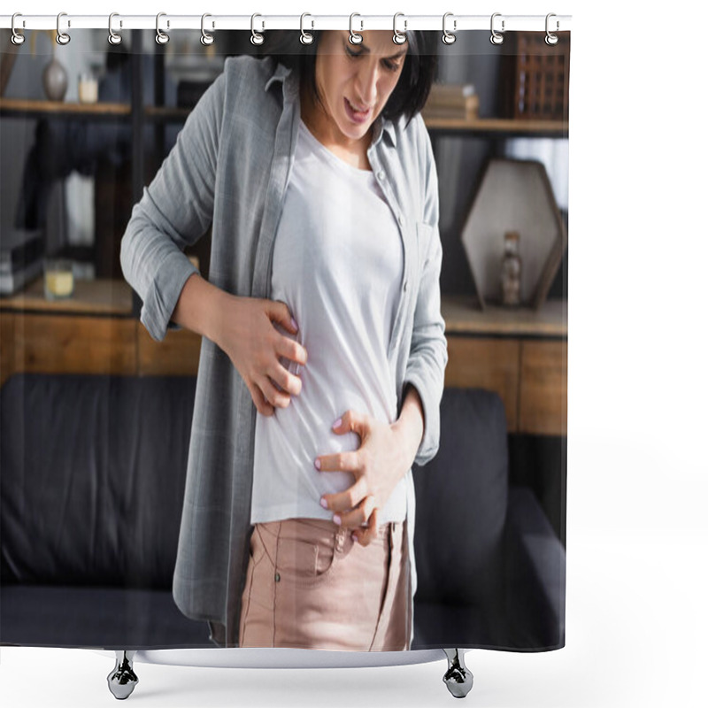 Personality  Upset Woman With Allergy Scratching Stomach At Home  Shower Curtains