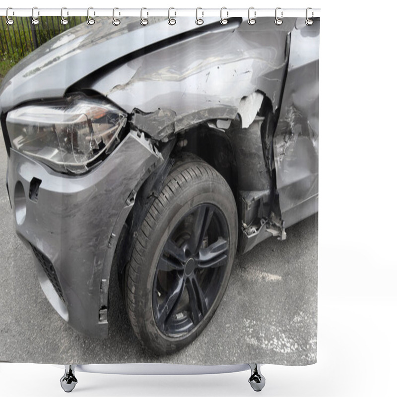 Personality  A Grey Car Crashed Accident. Car Accident On The Road. Car Crash Accident On Street. Damaged Vehicle. Car Insurance Concept. Vehicle Get Big Damage By Accident On The Road. Shower Curtains