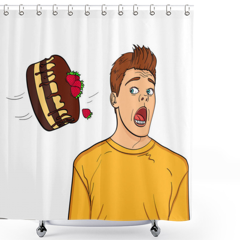 Personality  A Festive Chocolate Cake With Strawberries Flies To The Head Of A Guy, Name-finding. Object On White Background Shower Curtains