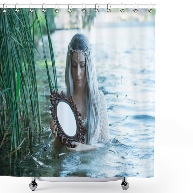 Personality  Old European Magic, Mystical Pagan Scene, Woman In Lake, Rituals. Magic Divination In Water, Ritual. Psychic Vision, Fortune Teller Shower Curtains