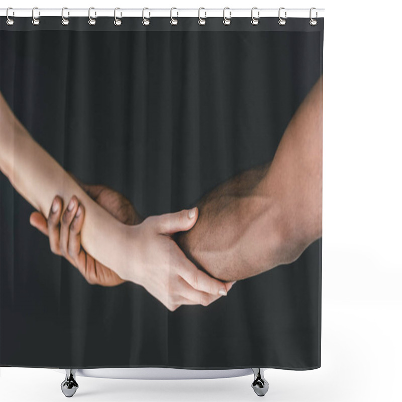 Personality  Cropped Image Of Multicultural Couple Holding Hands Isolated On Black Shower Curtains