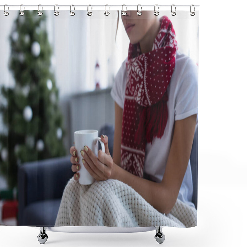 Personality  Cropped View Of Ill Woman In Scarf Sitting Under Blanket With Cup Of Warm Drink Near Blurred Christmas Tree Shower Curtains