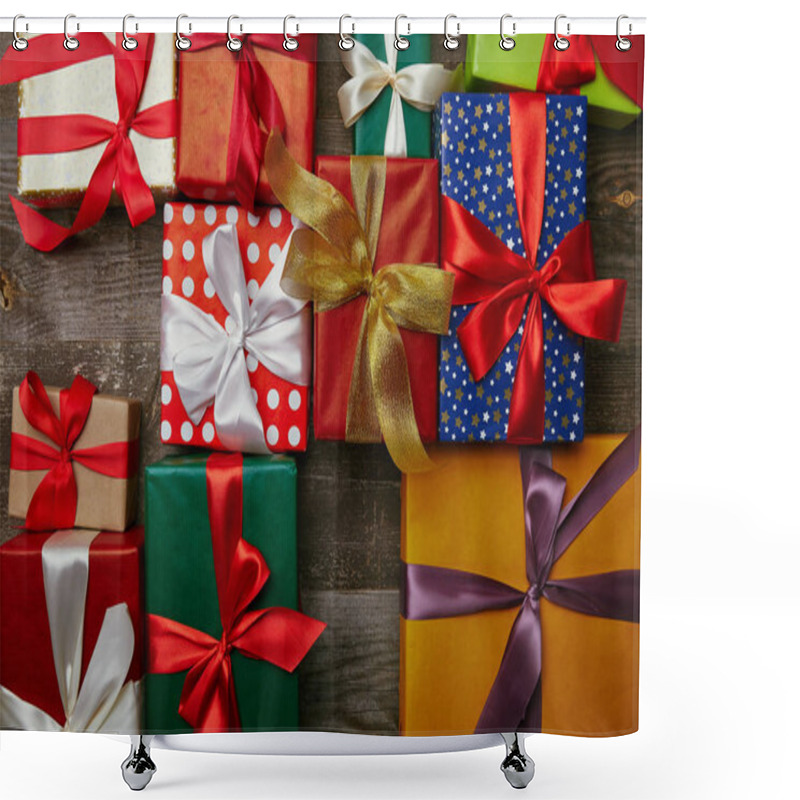 Personality  Flat Lay With Christmas Presents Wrapped In Different Wrapping Papers With Ribbons On Wooden Surface Shower Curtains