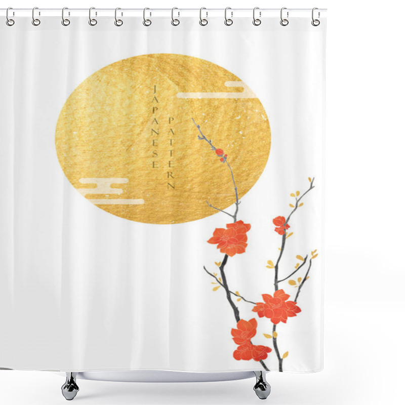 Personality  Japanese Background With Gold Texture In Circle Shape Vector. Moon And Sun With Abstract Hand Drawn Line Pattern. Template Design With Hand Drawn Floral Branch In Vintage Style. Shower Curtains