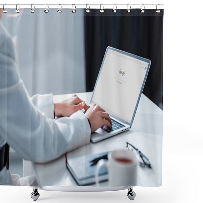 Personality  Cropped View Of Woman Using Laptop With Google Website On Screen At Office Desk Shower Curtains