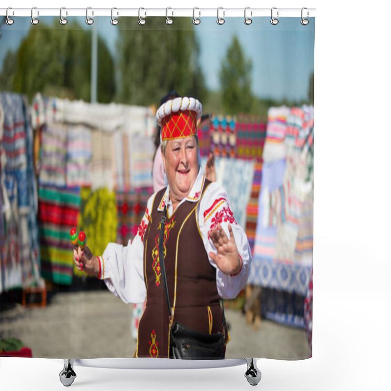 Personality  08 29 2020 Belarus, Lyaskovichi. A Holiday In The City. A Woman In Slavic National Dress Is Dancing. Shower Curtains