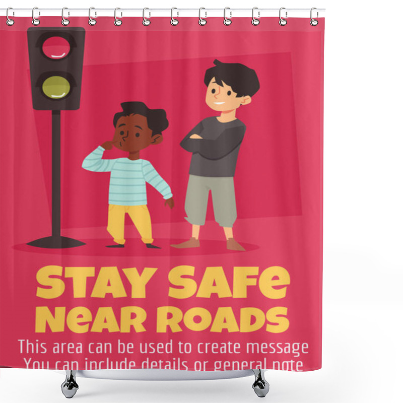 Personality  Safe Traffic Rules For Kids Card Or Banner, Flat Cartoon Vector Illustration. Shower Curtains