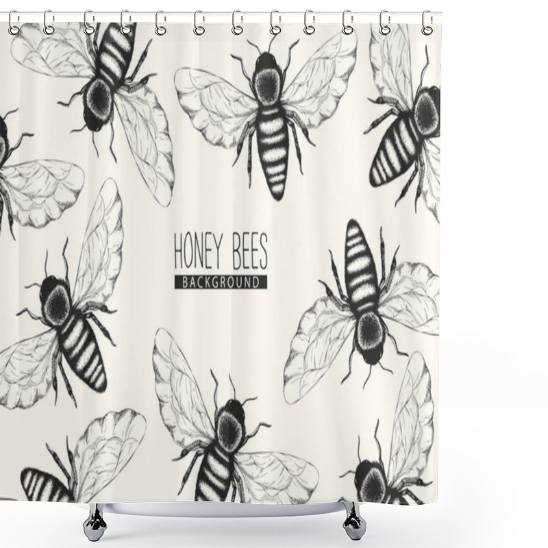 Personality  Vector Monochrome Background With Pattern From Black And White Honey Bees  Isolated On White Background. Insect Design For Print, Fabric, Card, Wallpaper, Packaging Shower Curtains