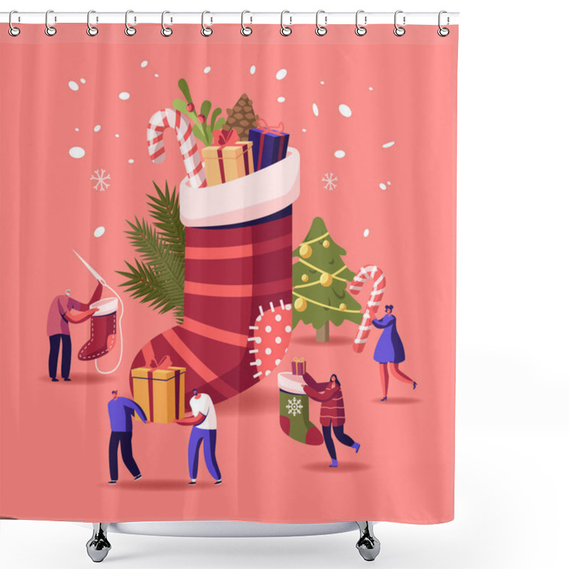 Personality  Happy Characters Celebrating Christmas Party Having Fun And Dancing At Huge Sock With Gifts And Decorated Fir Tree Shower Curtains