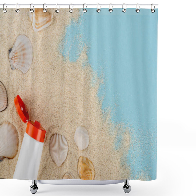 Personality  Top View Of Tube Of Sunblock And Seashells On Sand And Blue Surface Shower Curtains