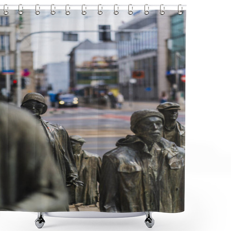 Personality  WROCLAW, POLAND - APRIL 18, 2022: Statues Of Anonymous Pedestrians On Blurred Urban Street  Shower Curtains