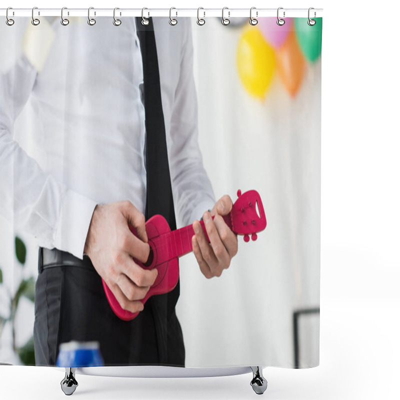 Personality  Cropped Shot Of Businessman Pretending To Play Toy Guitar In Office Shower Curtains