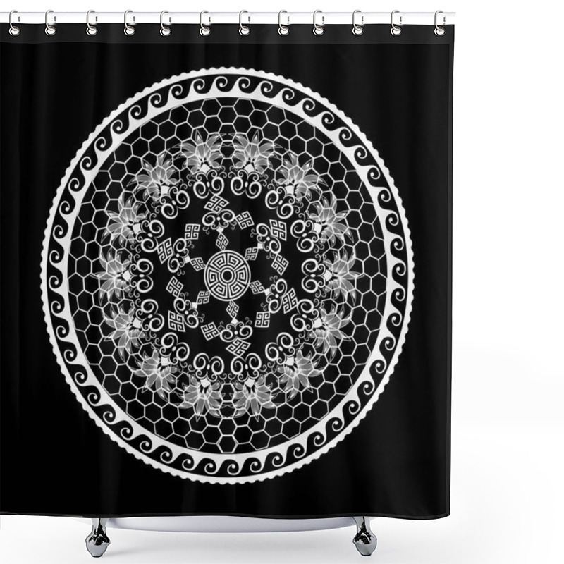 Personality  Greek Vector Black And White Round Mandala Pattern. Ornamental Modern Lace Background. Honeycomb Backdrop. Geometric Shapes, Circles, Waves, Rhombus, Grid. Vintage Flowers, Leaves. Greek Key Meanders. Shower Curtains