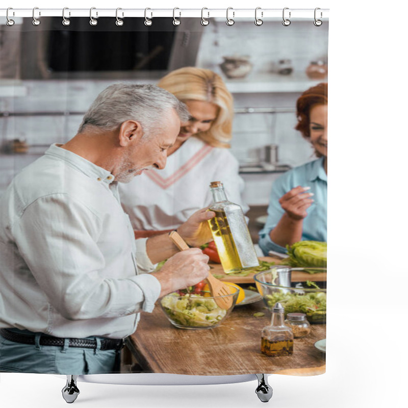 Personality  Mature Friends Preparing Organic Salad For Dinner At Home Shower Curtains