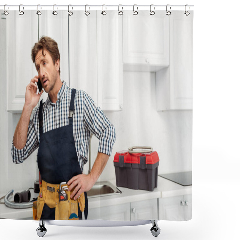 Personality  Plumber In Workwear And Tool Belt Talking On Smartphone Near Tools On Worktop In Kitchen  Shower Curtains