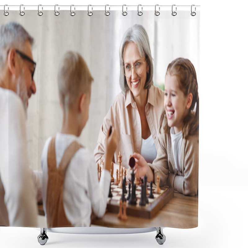 Personality  Joyful Children Brother And Sister Playing Chess While Sitting In Living Room With Senior Grandparents While Spending Time Together On Weekend, Kids Sitting At Table With Chessboard And Smiling Shower Curtains