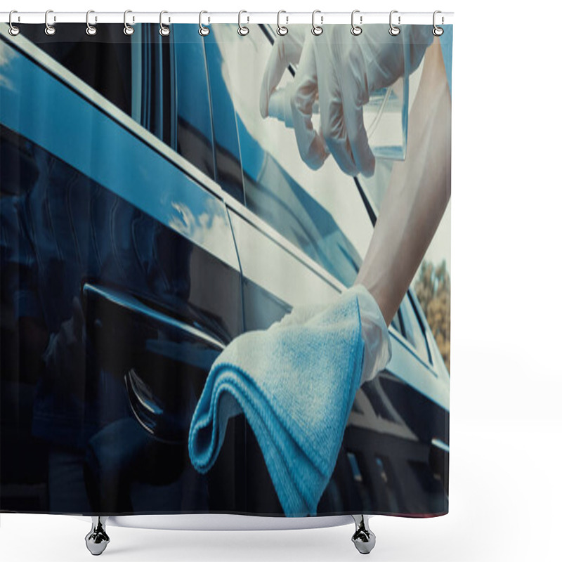 Personality  Cropped View Of Woman In Latex Gloves Spraying Disinfectant On Rag Shower Curtains