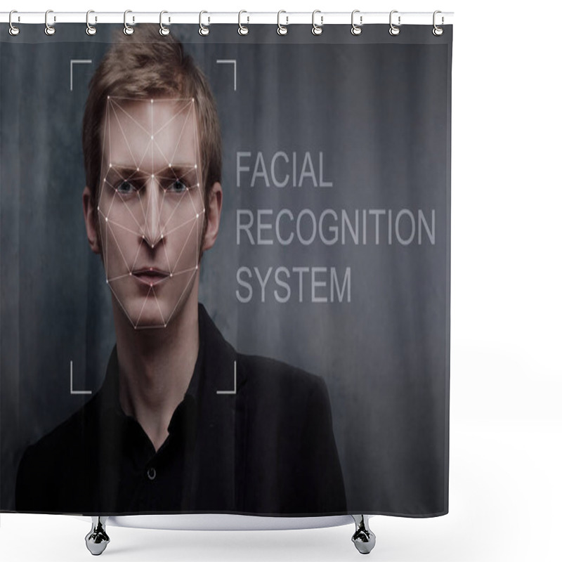 Personality  Facial Recognition System, Concept. Young Man On Grey Background, Face Recognition Shower Curtains