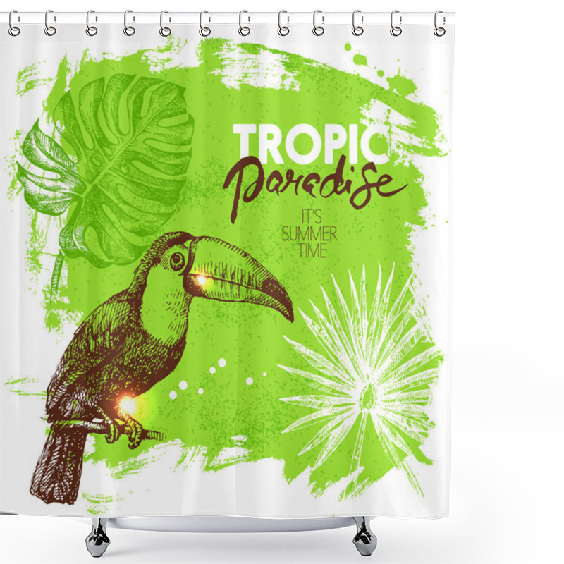 Personality  Hand Drawn Sketch Tropical Paradise Plants And Birds Background. Vector Illustration Shower Curtains