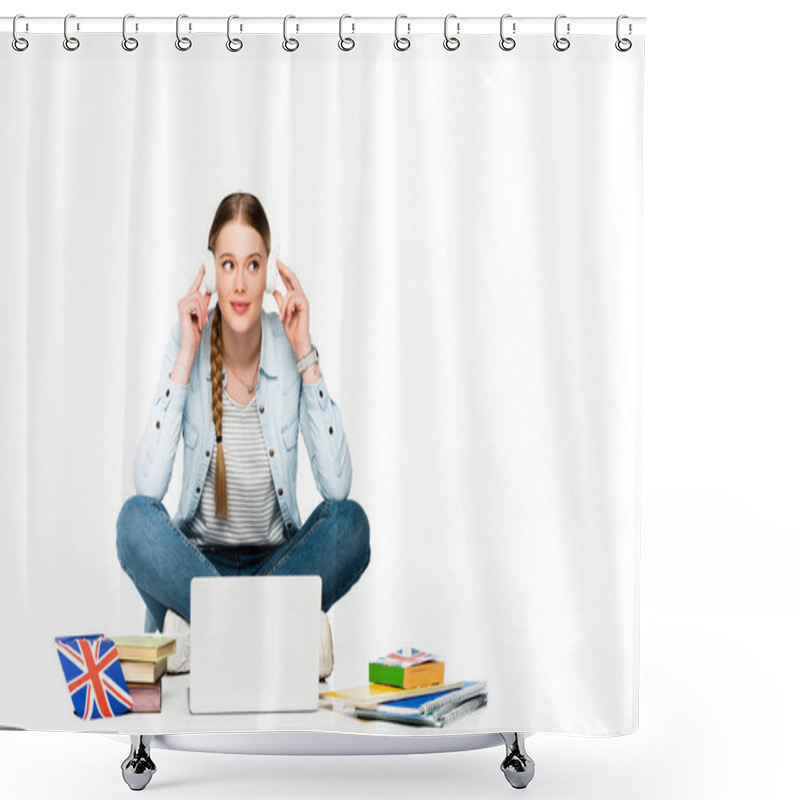 Personality  Smiling Girl Sitting On Floor In Headphones Near Laptop, Books And Copybooks, Uk Flag Isolated On White Shower Curtains