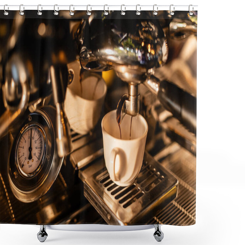 Personality  Close Up View Of Coffee Pouring From Machine In White Cup With Sunlight In Cafe Shower Curtains