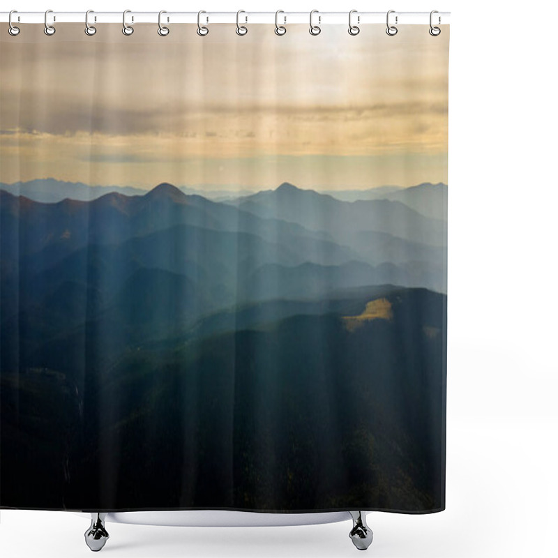 Personality  Aerial View Of Dark Mountain Hills With Bright Sunrays Of Setting Sun At Sunset. Hazy Peaks And Misty Valleys In Evening. Shower Curtains