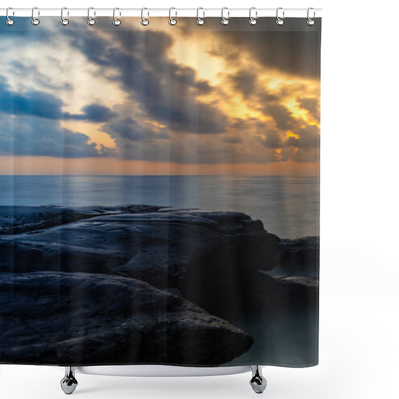 Personality  Sunrise Dramatic Sky Over Sea Horizon From Rocky Shore At Dawn Long Exposure Shot Shower Curtains