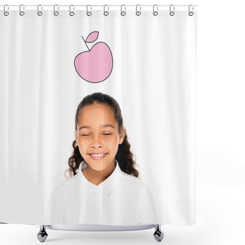 Personality  African American Schoolgirl Smiling With Closed Eyes Isolated On White, Pink Apple Illustration Shower Curtains