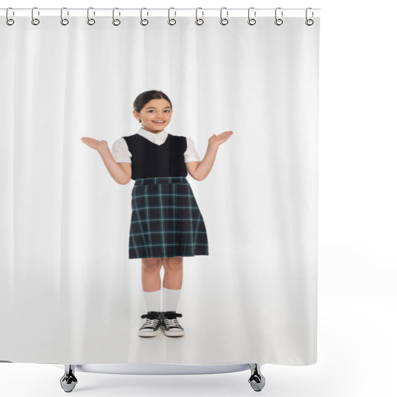 Personality  Full Length, Cheerful Schoolkid In Uniform Gesturing And Looking At Camera On White, Girl In Skirt Shower Curtains