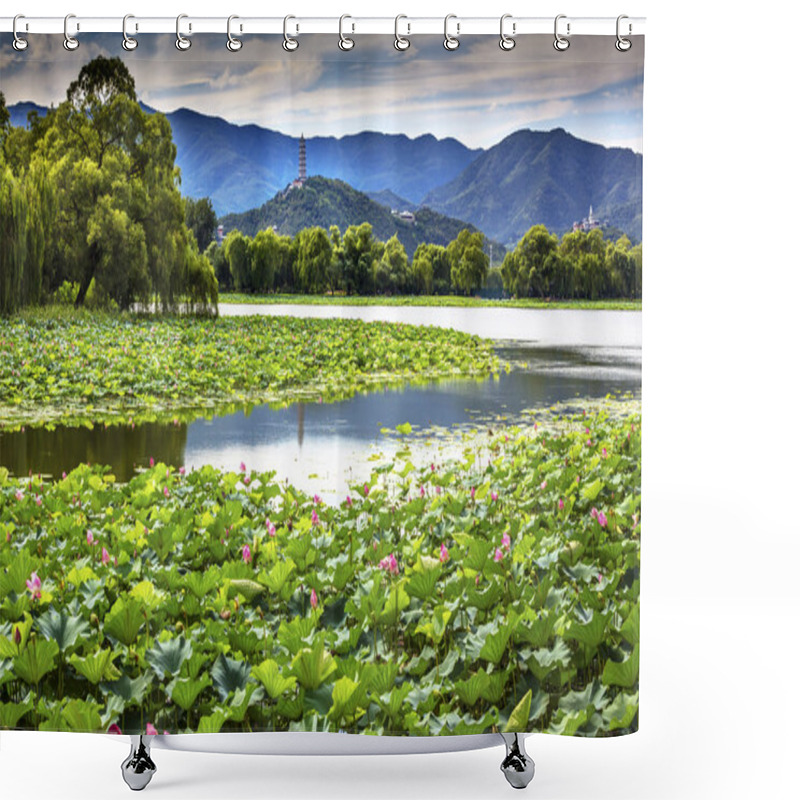 Personality  Yue Feng Pagoda Lotus Garden Reflection Summer Palace Beijing, C Shower Curtains