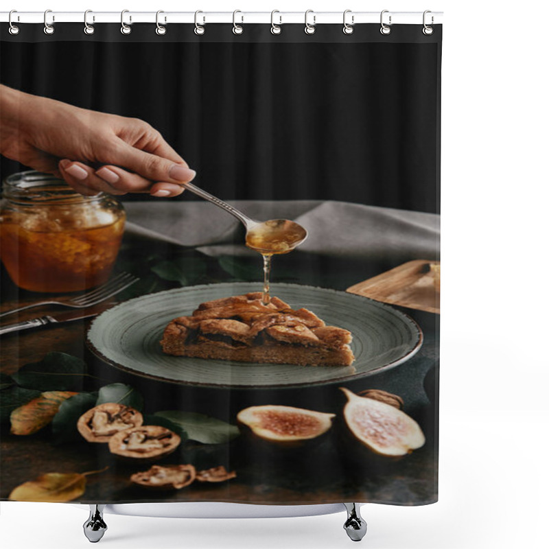 Personality  Partial View Of Woman Pouring Honey On Piece Of Homemade Pie Shower Curtains