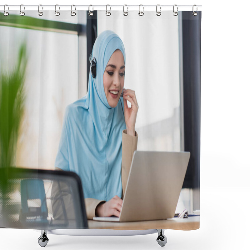 Personality  Smiling Muslim Woman Using Laptop While Working In Call Center Shower Curtains