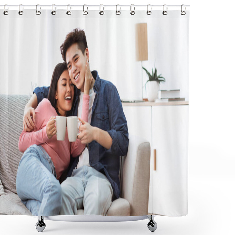 Personality  Loving Asian Husband And Wife Drinking Morning Coffee At Home Shower Curtains