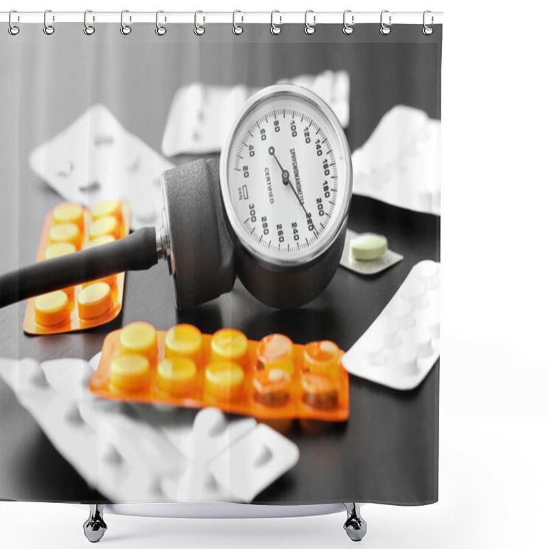 Personality  Blood Pressure Meter And Pills On The Table Shower Curtains