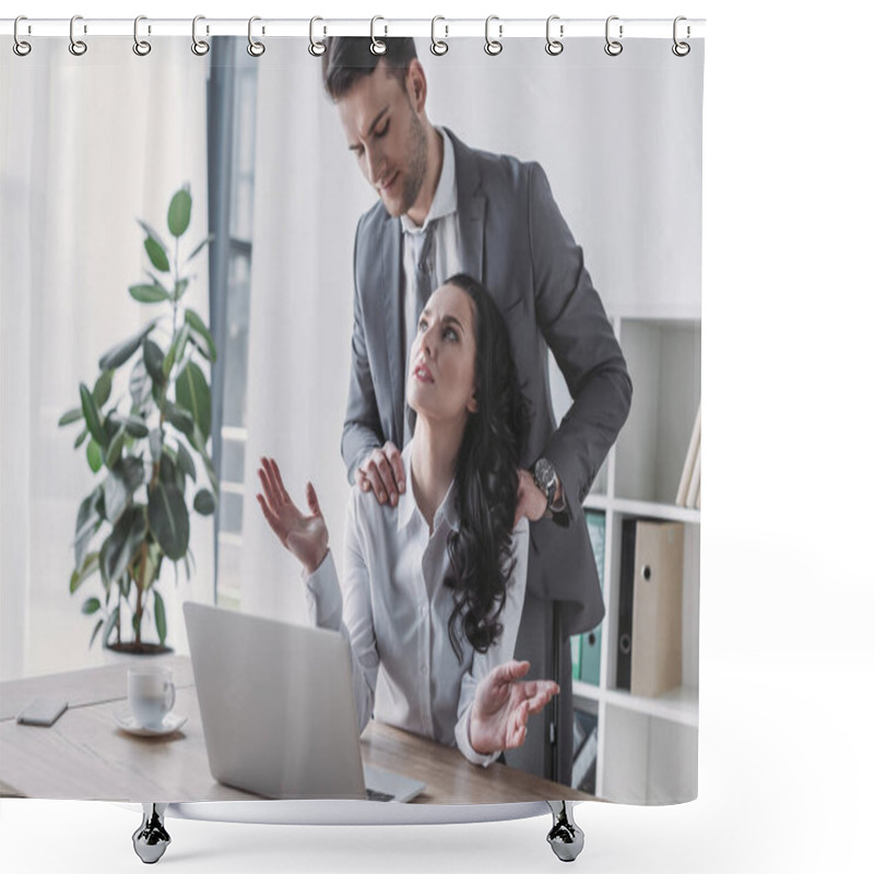 Personality  Handsome Businessman Touching Shoulders Of Displeased Secretary Sitting At Workplace Shower Curtains