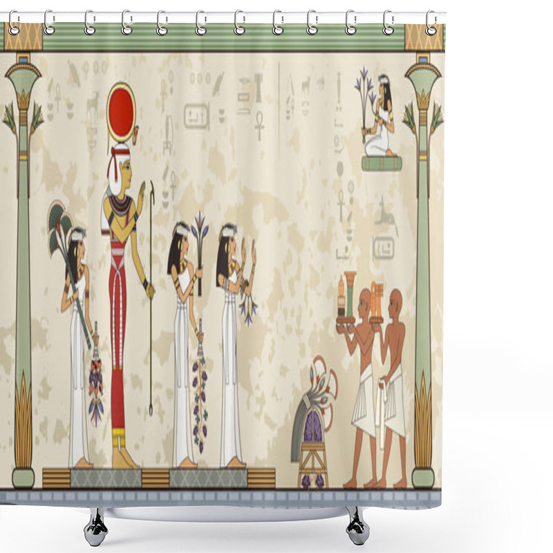 Personality  Stylized Ancient Culture Background.Murals With Ancient Egypt Scene Ancient Egypt Banner.Egyptian Hieroglyph And Symbol.Deities. Shower Curtains