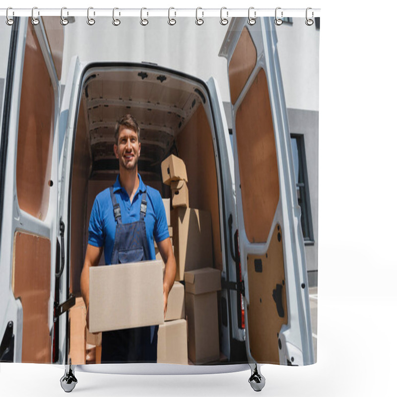 Personality  Loader In Overalls Holding Package Near Truck On Urban Street  Shower Curtains